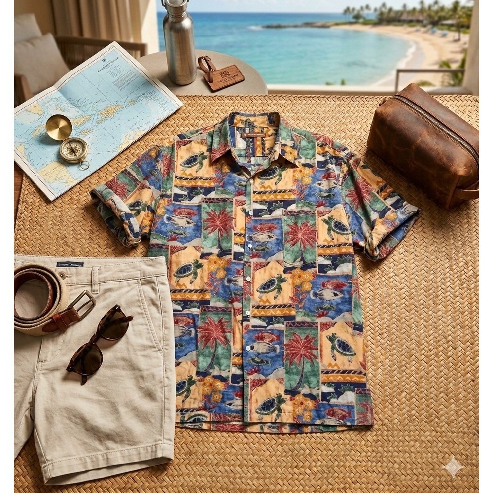 Resort Lifestyle Coastal Summer Tori Richard Sz L Hawaiian Shirt Turtle Fish